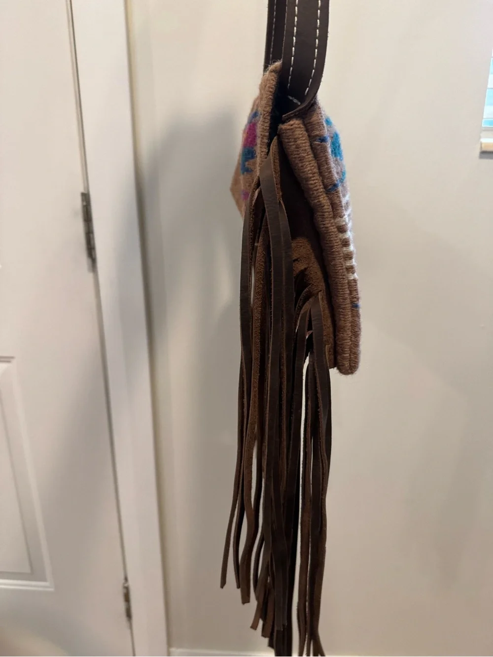 Southwestern Woven Wool Blanket Fringe Crossbody Bag with Rhinestone Concho